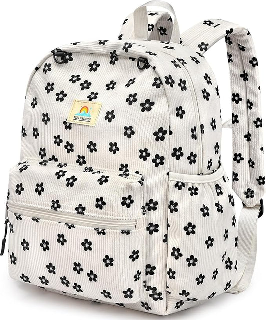 STEAMEDBUN Corduroy Kids Backpack for Girls and Boys 5-8: Girls Backpack for Elementary Kindergarten - 15 inch Cute Backpacks for Kids - Flower
