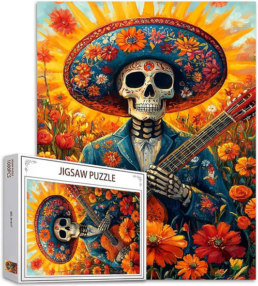 Tucocoo Skull Men Music Jigsaw Puzzles for Adults 1000 Pieces, Skeleton Mexican Style Flowers Art Puzzle Colorful DIY Craft Puzzles for Home Decoration Gifts, Family Puzzle Perfect for Game Nights