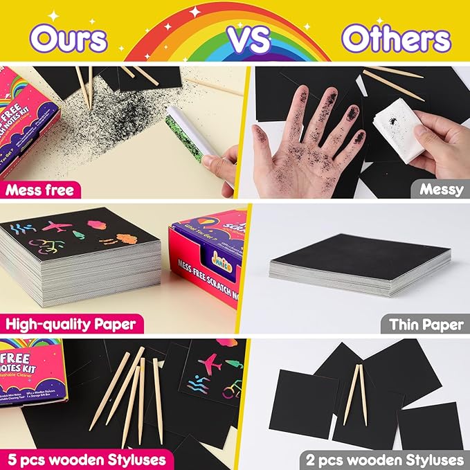 Rainbow Scratch Paper, 100 PCS Scratch Notes with Reusable Cleaner Tool, Mess-Free Art Crafts for Kids Boys & Girls Ages 4-8, Gifts Classroom Prizes Supplies School Birthday Party Travel Toy