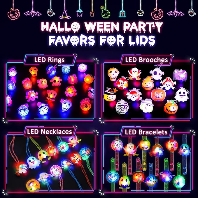 58 PCS Halloween Party Favors, Halloween Light Up Toys Kids' Party Favors, Glow in the Dark Toys - Necklaces, Rings, Bracelets, Brooches - Bulk Halloween Goodie Bag Fillers, Halloween Party Supplies