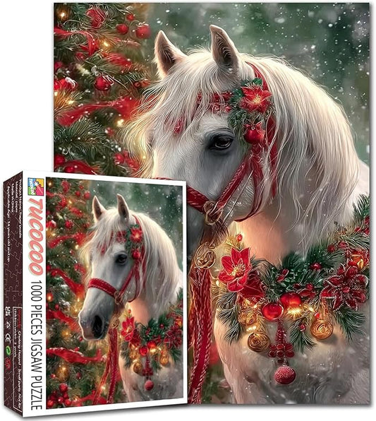 Christmas Animal 1000 Piece Jigsaw Puzzles for Adult White Horse with Red Poinsettia Painting Jigsaw Puzzle 1000 Christmas Tree Puzzles 20''x27”inch DIY Craft Puzzle Art Wall Decor Family Challenging