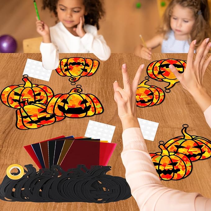 32 Sets Fall Halloween Pumpkin Suncatchers Craft Kit DIY Window Stained Glass Effect Halloween Pumpkin Paper Craft Home School Classroom Decoration Kid Birthday Gift Creative Art Project Activity Game