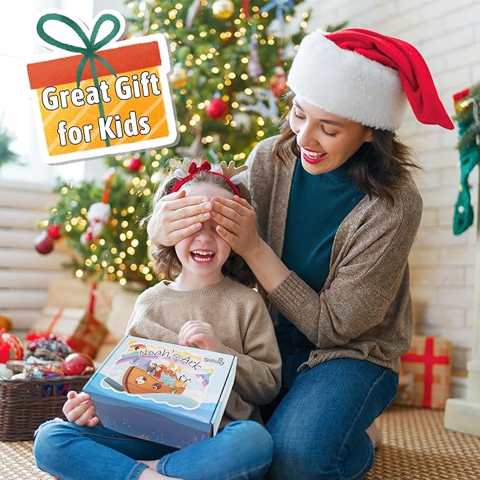 Wooden Noah's Ark Toy Baptism Gifts for 1 2 3 4 Years Old Baby Boy and Girl Montessori Educational Toy for Toddlers with Bible Story Animal Shape Sorter