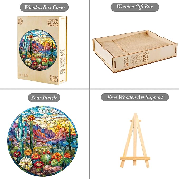 Jigfoxy Wooden Puzzles for Adults, Stained Glass Cactus Wood Puzzles Adult, Unique Animal Shape Wooden Jigsaw Puzzles for Adults, Birthday Gifts for Puzzle Lovers, Family (L-13.4 * 13.4in-300pcs)