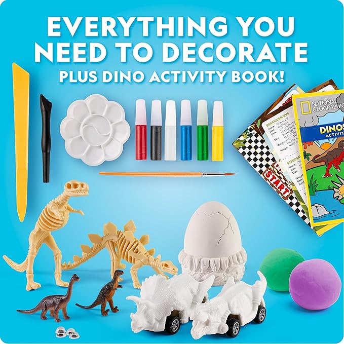 NATIONAL GEOGRAPHIC Giant Dinosaur Egg Activity Kit – 15+ Dino Crafts, Painting Cars, Clay Models, Dig Brick, Stickers & Learning Guide, Easter Basket Stuffers, Dinosaur Science Toy for Boys & Girls