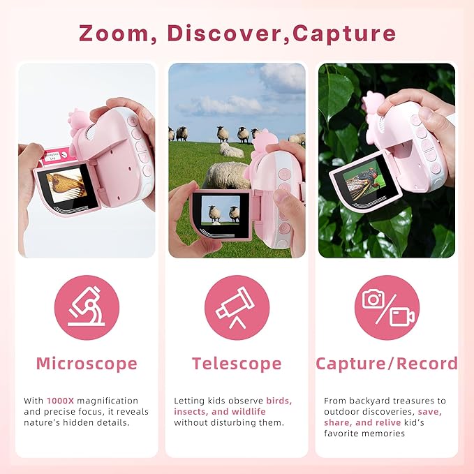 Dino Microscope for Kids, 1000x Portable Digital Microscope Camera with 2" Screen, Educational Science Kit Birthday Gifts for Kid Age 4-12, 32GB TF Card Included