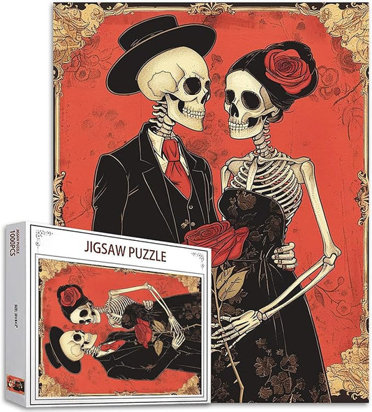 Tucocoo 1000 Piece Jigsaw Puzzles for Adults Skeleton Couple Painting Puzzle Skeletal Rose Flower Art 1000 Pieces Puzzles for Challenging Family Activity Game Colorful DIY Puzzle Wall Decor Gifts