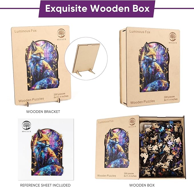 Wooden Puzzles for Adults, Luminous Fox Jigsaw Puzzle 300pcs, 9x12.9in, Unique Shape Wood Puzzles Adult, Creative Gift for Kids Family Game