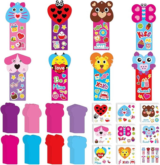 ANGOLIO Valentine's Day Bookmarks Craft Kits - 40Sets Valentine's Day Animals Craft for Kids DIY Make Your Own Heart Animal Set Self-Adhesive Face Stickers for Kids Classroom Gifts Party Supplies