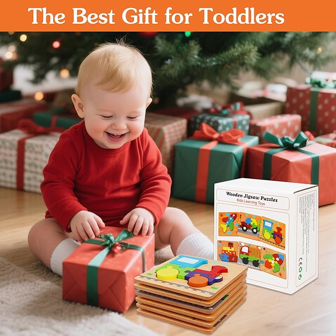 Wooden Puzzles Toys for Ages 2-4, Toddler Puzzles Toys Gifts for 1 2 3 Years Old Boys Girls, 6 Pack Vehicle Shape Montessori Learning Toy for Kids Babies Toddlers 1-3 2-3 12 18 Months