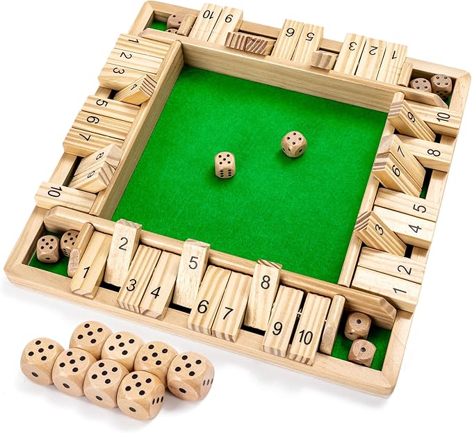 ropoda Wooden Shut The Box Game (2-4 Players) - Large 4 Sided Board, 8 Dice, Rules - Amusing Addition Game for Kids & Adults, 12 Inch