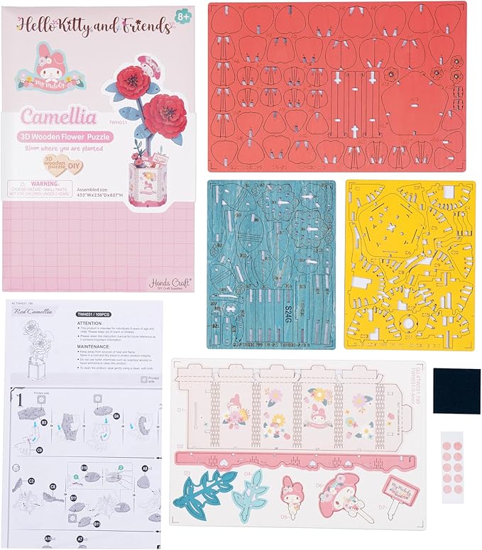 Hands Craft Hello Kitty and Friends My Melody Red Camellia 3D Wooden Puzzle Kit | DIY Flower Model | Arts & Crafts for Adults & Kids | Creative Hobby Kits | Wood Building Set | Unique Gift