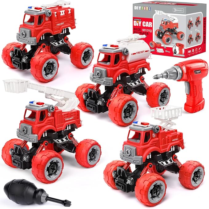 LUDILO 4PCS Fire Truck Toys for 3 4 5 Year Old Boy Birthday Gifts DIY Assembly Take Apart Firetruck with Electric Drill Stem Building Toys Xmas Bday Gifts 3 4 5 6 Year Old Boys Girls Kids Toddler Toys