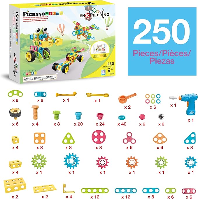 PicassoTiles STEM Learning Toys 250 Piece Building Block Kids Construction Engineering Kit Toy Blocks Children Early Education Playset w/Free IdeaBook, Power Drill, Clickable Ratchet, Age 3+ PTN250