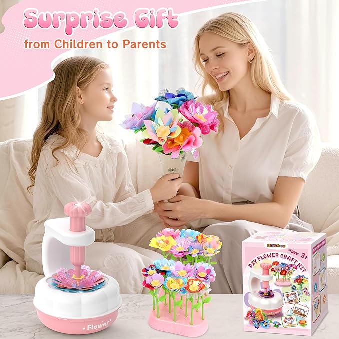 GirlsHome 300+PCS Fabric Flower Bouquets Toys, DIY Flower Crafts Kits for Kids, Arts and Crafts for Kids Ages 6-8 Girls, Build Flower Bouquet, STEM Educational Toy Preschool Gifts (White Pink)