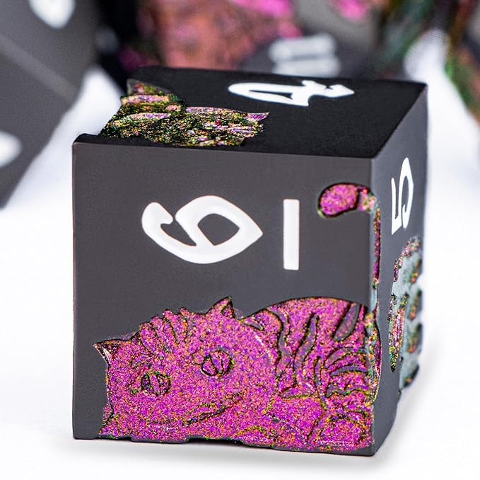 Metal DND Cat Dice 7PCS Polyhedral RPG Dice Set with Gift Case for Dungeons Dragons Role Playing Game, D and D Dice D6 D8 D10 D12 D20 D% (Purplish Red) 
