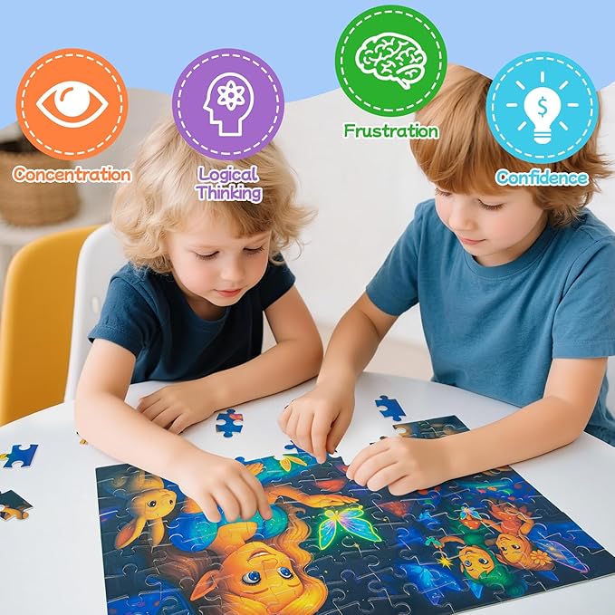 100-Piece Fairy Princess Puzzle for Kids Ages 4-6 6-8 8-10, Magical Forest Jigsaw with Elves, Bunnies & Glowing Butterflies –Educational Toys and Birthday Gift for Girls and Boys