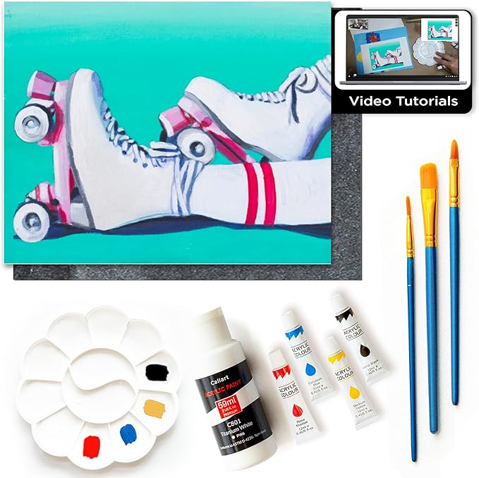 Painting4Real DIY Painting Class Kit for Adults with Video Tutorials: Learn to Paint Retro Glide – How to Paint with Acrylics – Painting & Art Supplies – 9 Piece Acrylic Paint Set
