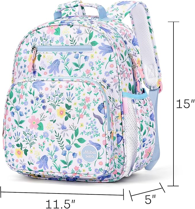 mibasies Kids Backpack for Girls: Girls Backpack 5-8 - Kindergarten Elementary School Bookbag for Girl - Floral Sky Blue