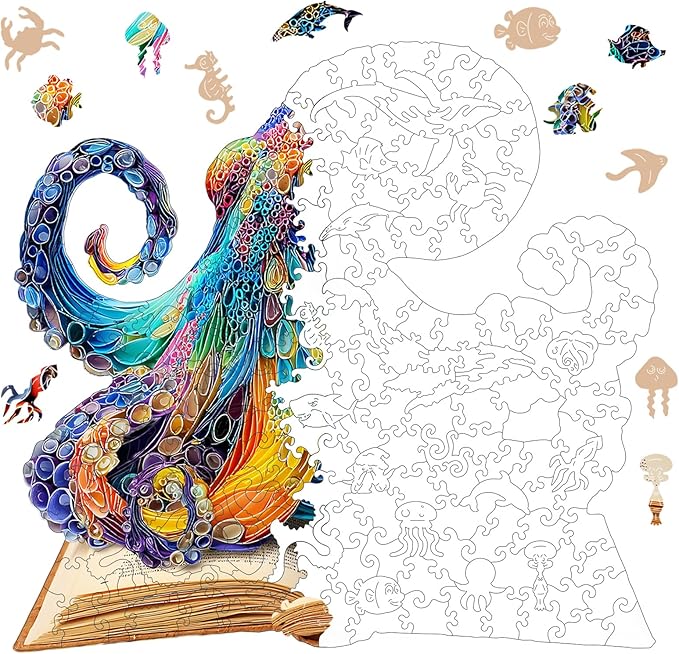 Wooden Puzzles for Adults, Octopus Wooden Jigsaw Puzzles 500 Pieces, Royal, 16.1 in Unique Shape Ocean Puzzle, Irregular Puzzle Creative for Adults and Kids Family Games