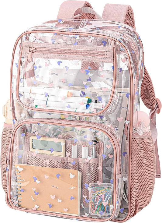 Heavy-Duty Clear Backpack for School - Durable See-Through Bookbag pink