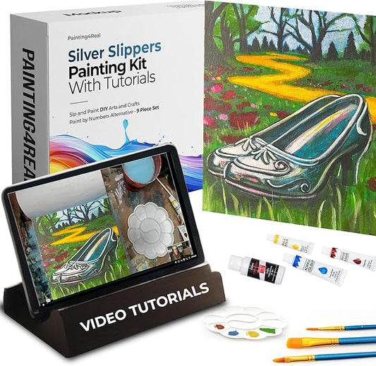 Painting4Real DIY Painting Class Kit for Adults with Video Tutorials: Learn to Paint Wizard of Oz Silver Slippers – How to Paint with Acrylics – Painting & Art Supplies – 9 Piece Acrylic Paint Set
