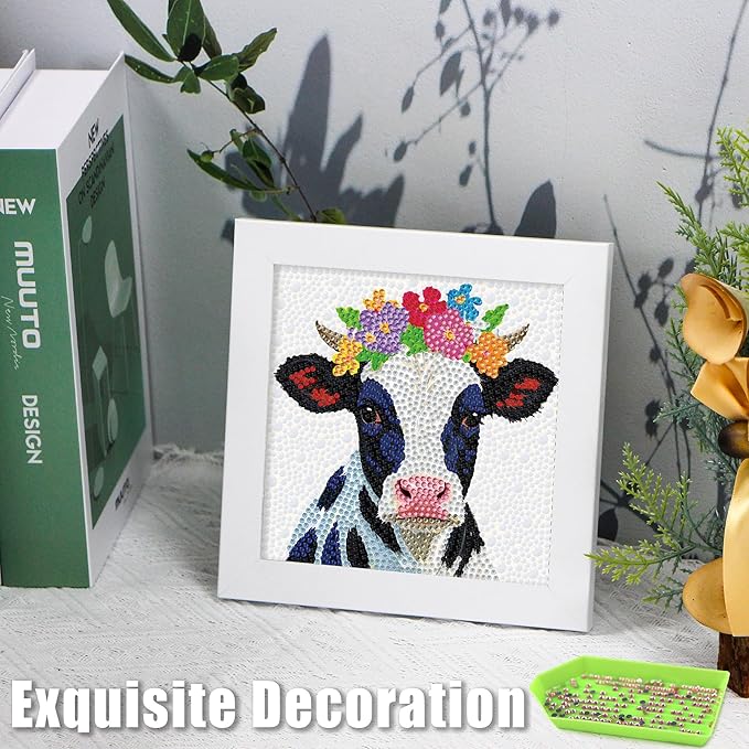 geesfayan Diamond Art Kits for Kids Ages 8-12,6 Inch DIY Gem Art Painting with 7 Inch Frame, Complete Starter Kit for Beginners, Creative Arts & Crafts Gift for Girls & Boys (Black White Cow)