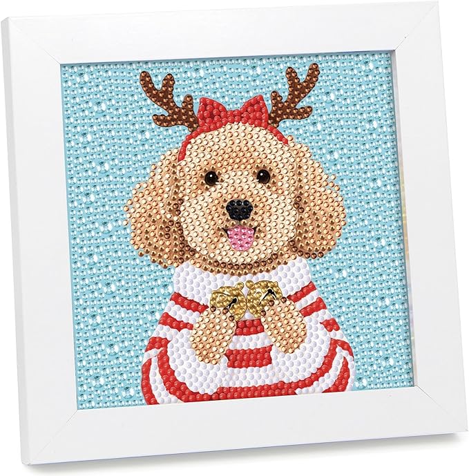 geesfayan Diamond Art Kits for Kids Ages 8-12,6 Inch DIY Gem Art Painting with 7 Inch Frame, Complete Starter Kit for Beginners, Creative Arts & Crafts Gift for Girls & Boys (Christmas Dog)