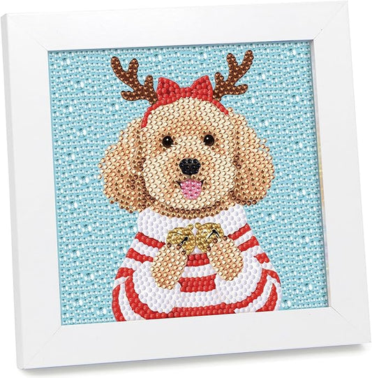 geesfayan Diamond Art Kits for Kids Ages 8-12,6 Inch DIY Gem Art Painting with 7 Inch Frame, Complete Starter Kit for Beginners, Creative Arts & Crafts Gift for Girls & Boys (Christmas Dog)