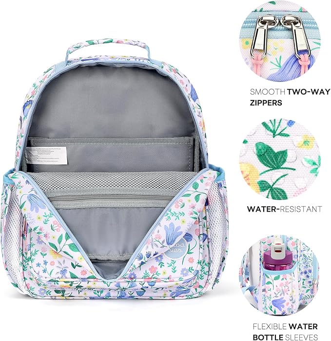 mibasies Kids Backpack for Girls: Girls Backpack 5-8 - Kindergarten Elementary School Bookbag for Girl - Floral Sky Blue