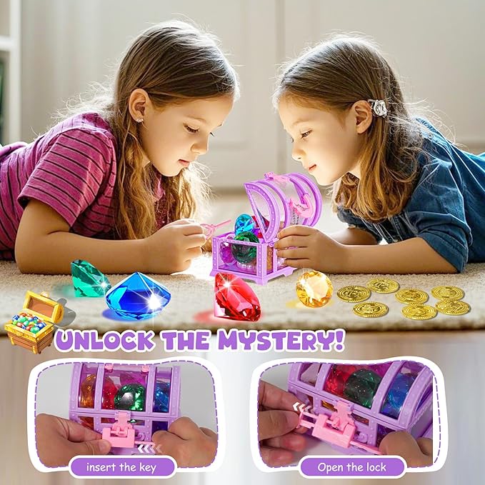Diving Gem Pool Toys Colourful Big Diamonds and Gold Coins with Pirate Treasure Chest Throwing Toys Water Toys Underwater Gems Swimming Training Gift for Kids Birthday Party Favor