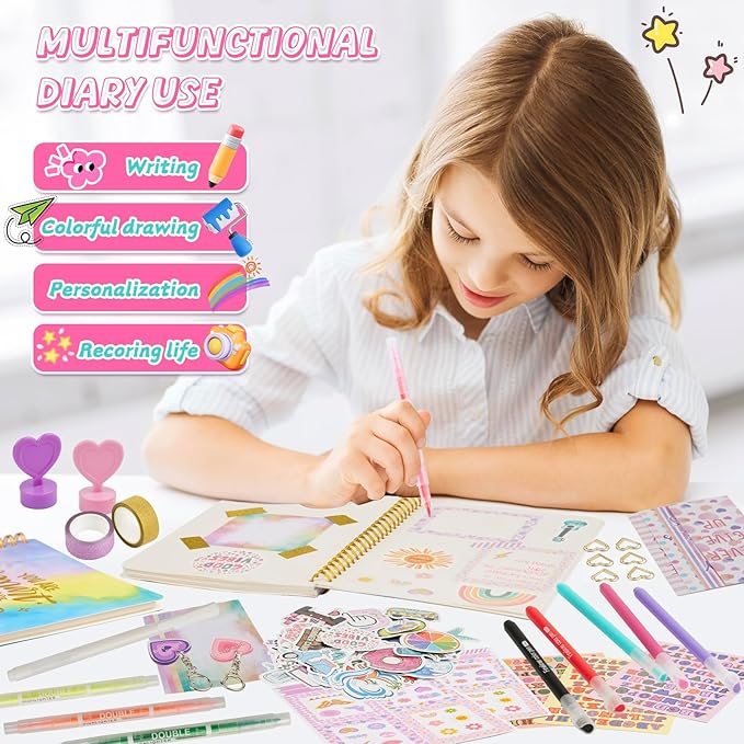 2-PC DIY Journal Kit for Girls Age 8-14, DIY Journal Set for Teen Girl,Christmas|Birthday Gift for 8 9 10 11 12 13 14 Year Old Girl Ideas, Stationery|Scrapbook|Diary Art Crafts Supplies Toy Set