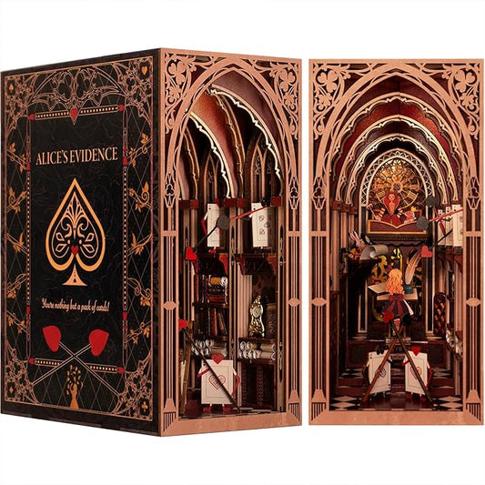 DIY Book Nook Kit for Adults, 3D Wooden Puzzle Bookend Bookshelf Insert Decor with LED Light and Dust Cover (Alice in Wonderland)