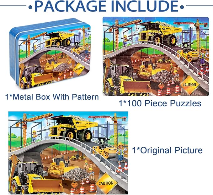 LELEMON Puzzles for Kids Ages 4-8,Construction Site 100 Piece Puzzles for Kids,Educational Kids Puzzles Jigsaw Puzzles in a Metal Box,Children 100 Piece Puzzle Games Puzzle Toys for Girls and Boys