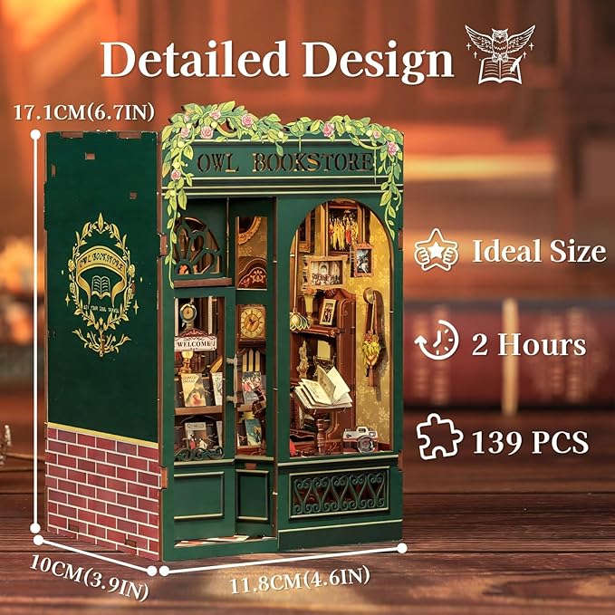 Fsolis Book Nook Kit, DIY Scene Miniature House Kit Tiny House Mini Booknook Craft Bookshelf Decor, 3D Puzzles for Adults, 139 Wooden Pieces, Scale Library Model, Gifts for Book Lovers(OWL Bookstore)