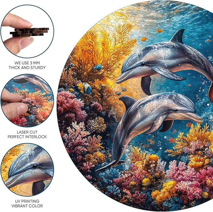 Wooden Puzzles for Adults, Dolphin Wooden Jigsaw Puzzles 200 Pieces,11.2 in Unique Shape Ocean Puzzle, Irregular Puzzle Creative for Adults and Kids Family Games