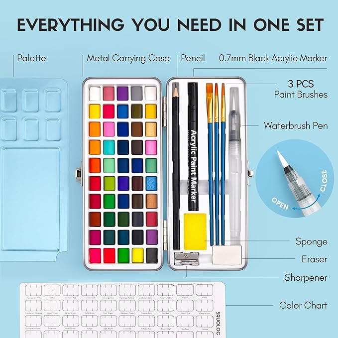 Watercolor Paint Set 50 Colors, Travel Watercolor Set with Portable Carrying Case, Papers, Brushes and Accessories, Ideal for Artists, Amateur Hobbyists and Painting Lovers