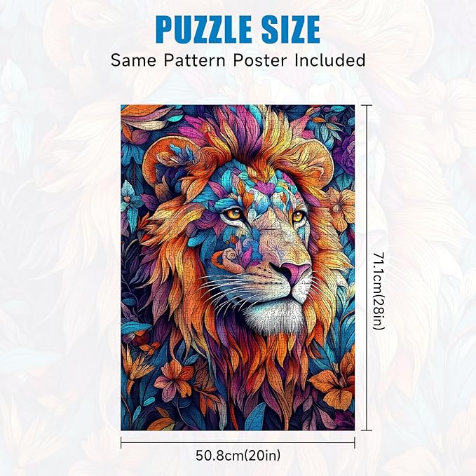1000 Piece Puzzle for Adults - Colorful Lion Abstract Art Jigsaw Puzzle 1000 Pieces, Premium Thick Cardboard, Flowers Design, 20x28 Inch