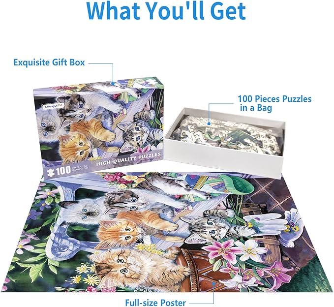 100 Piece Puzzles for Kids Cat 100 Piece Puzzles for Adults, Cute Kitten Group 100 Pieces Puzzle for Kids Ages 4-8, Perfect Gardening Buddies Puzzle for Seniors Teens Brain Teaser