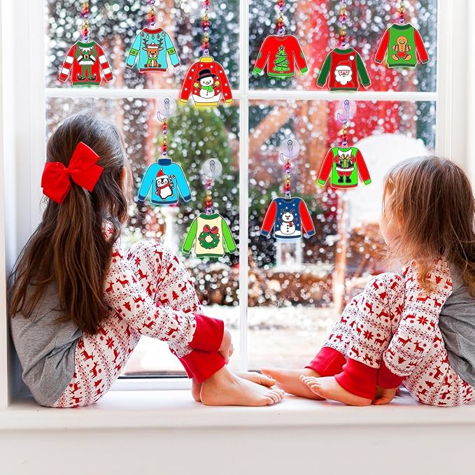 Yaomiao 30 Sets Christmas Ugly Sweaters Suncatchers Window Art Kits DIY Xmas Suncatcher Crafts Bulk Paint Your Own Window Hanging Ornaments for Boys Girls Home Classroom Activities Art Project