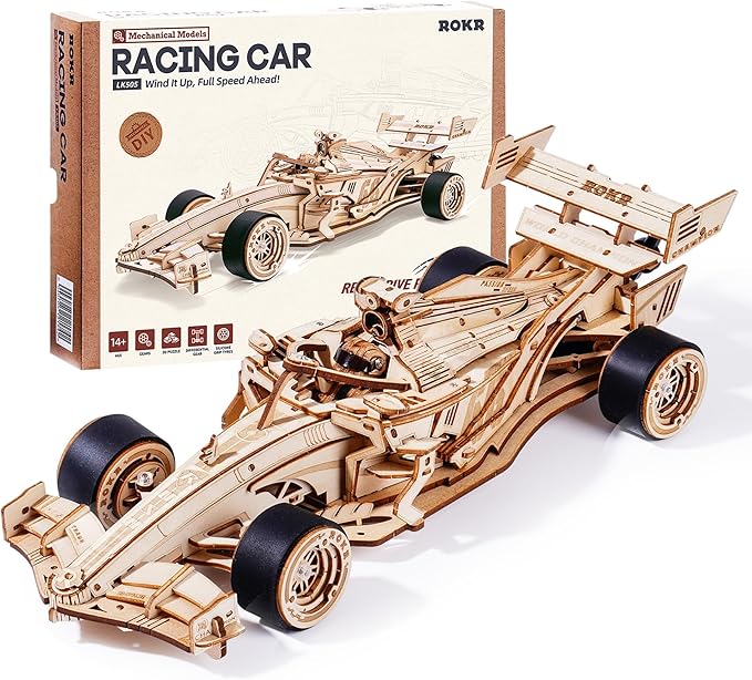 ROKR 3D Wooden Puzzle 1:18 Scale Formula Racing Cars for Adults, 5 Hour Build, Wind up Toys Model Car Kits for Adults to Build, Ideal Gift for Boys and Men