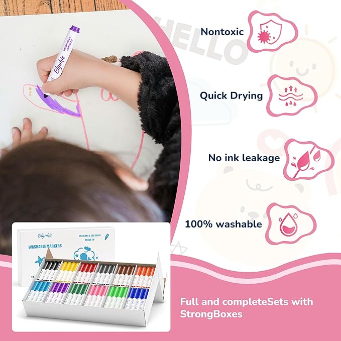 Washable Markers Bulk, Bulk Pack of 300 in 12 Vibrant Colors, Broad Line Markers with Conical Tips- Perfect for Kids' Classrooms & Teachers