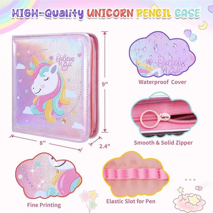 JAMIEWIN Markers Set with Glitter Unicorn Pencil Case, 59 Pcs Art and Craft Supplies Kit for Kids, Unicorn Gifts for Girls 4-9 Year Old for Christmas Birthday