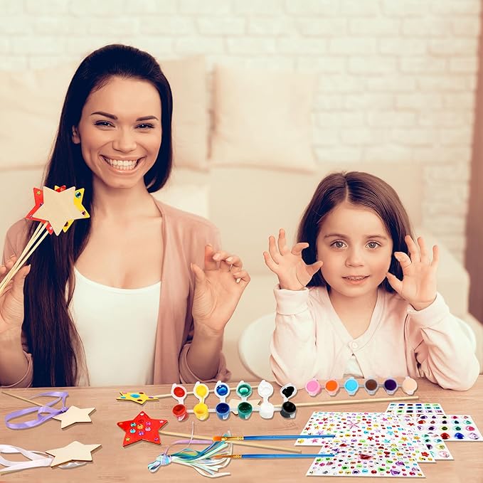 122 Pcs Unfinished Star Princess Fairy Wands Kit Make Your Own Princess Wand DIY Art Craft Magical Wand Include 48 Star Wooden Fairy Wands 24 Gem Stickers 48 Ribbons 12 Markers for Kids Party Supplies