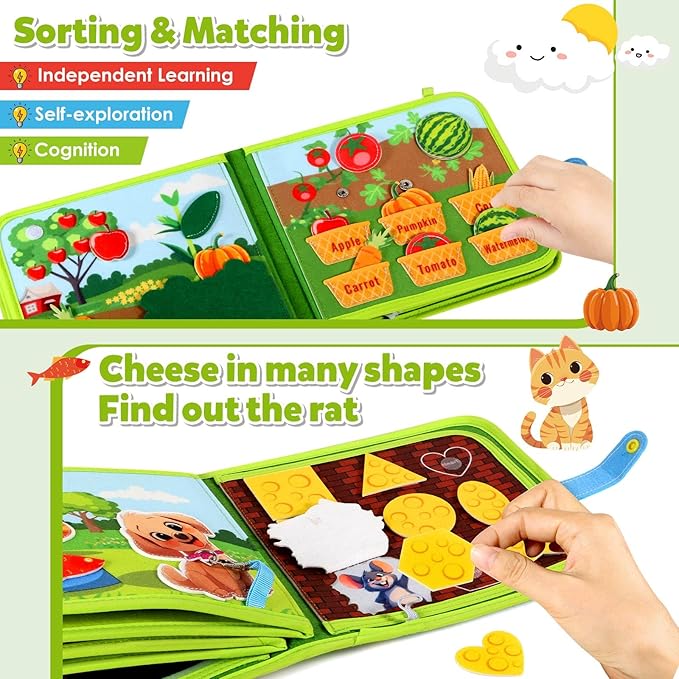 Montessori Busy Book for Toddlers 1-3, Busy Board Montessori Toys for 1 Year Old Boy Girl Birthday Gift, Educational Learning Sensory Activity Books, Quiet Book Travel Toys for Airplane Car