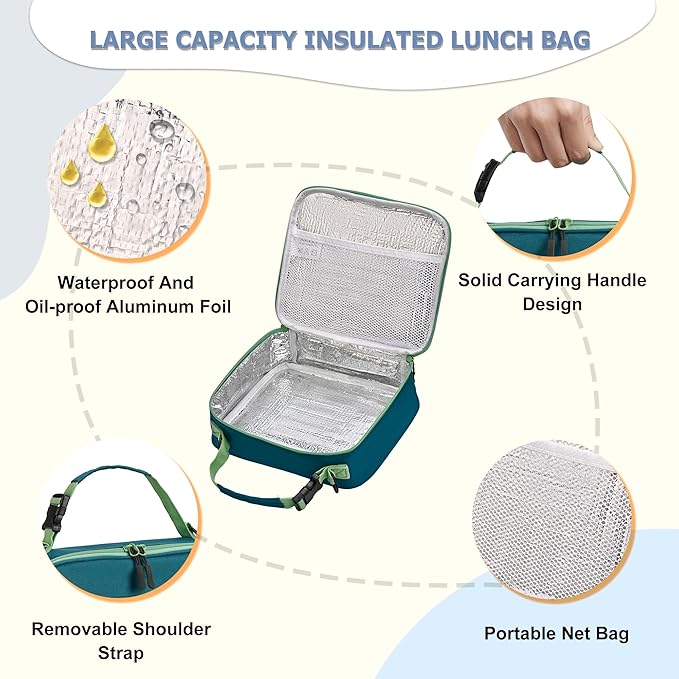 MAISON HUIS Kids Bento Box Set - Includes 8oz Soup Thermo, Insulated Lunch Bag & 17oz Stainless Steel Water Bottle, 5-Compartment Bento Box with Built-In Ice Pack, Leak-Proof & BPA-Free(Green)