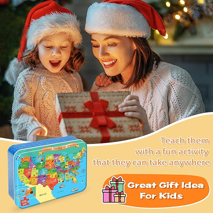 LELEMON Puzzles for Kids Ages 4-6,USA Map 100 Piece Puzzles for Kids Ages 4-8 in a Metal Box,Educational Jigsaw Puzzles 100 Piece Puzzle Games Puzzle Toys for Girls and Boys