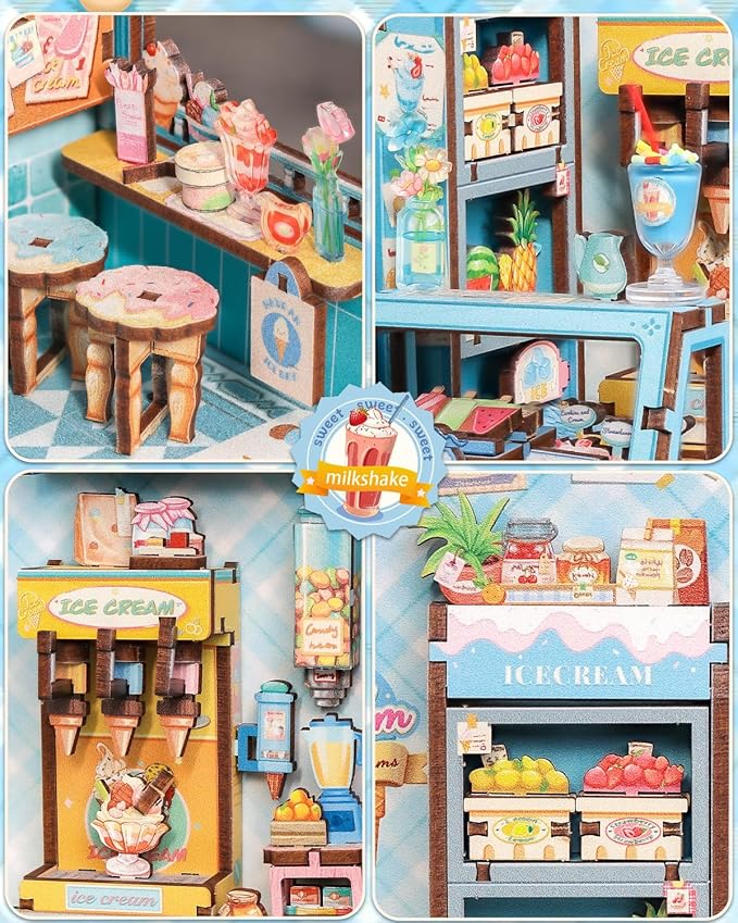 CUTEBEE Book Nook Kit, DIY Miniature House Kits for Adult and Teens, Dollhouse Booknook Tiny House, Bookshelf 3D Wooden Puzzle, DIY Craft Gifts for Family and Friends (Bella's Ice Cream)