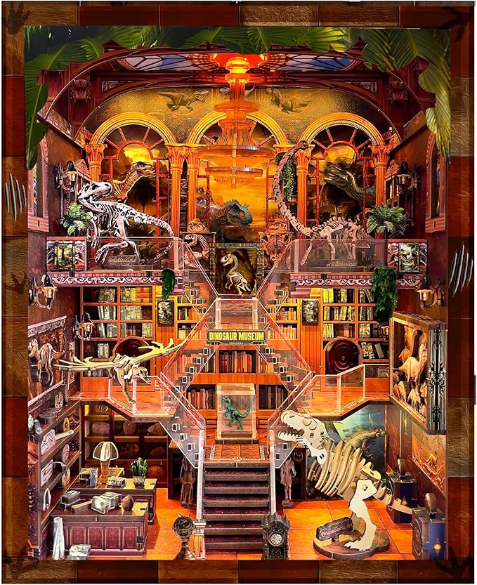 Book Nook Kit - DIY Booknook for Dinosaur Museum 3D Wooden Puzzle with LED Light, Stunning Bookshelf Decor, for Holidays, Birthdays & Home Libraries