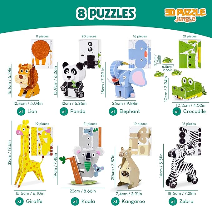 3D Puzzles for Kids Toys Jungle Animals Pack 8 - BONNYCO | 3D Puzzle Jigsaw 6-8 8-13, Educational Girl and Boy Toys, Gifts for Kids Activity, Birthday Gifts for Boys | Rompecabezas 3-D Foam, Christmas